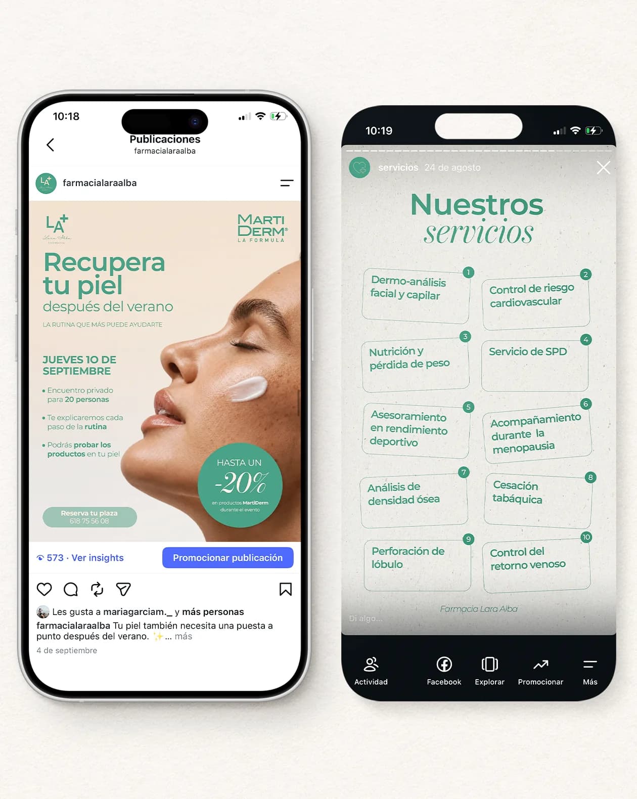 Dos publicaciones de la farmacia vistas en el teléfono.